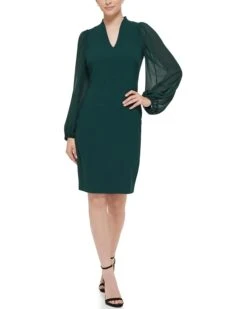 Vince Camuto Kors Crepe Bodycon Dress w/ Chiffon Combo at Back and Sleeve | Dresses