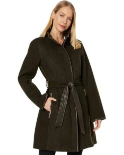 Vince Camuto Belted Wool Coat with High Neck and PU Trim V29777A-ME | Coats & Outerwear