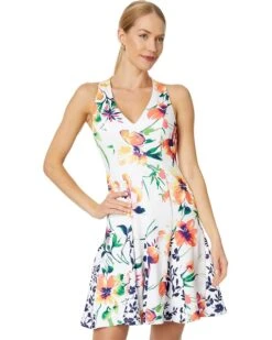 Vince Camuto Printed Scuba Fit-and-Flare with Combo Godets | Dresses