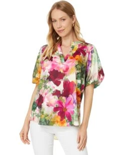 Vince Camuto Crew Neck Short Puff Sleeve Top With Neck Placket | Shirts & Tops