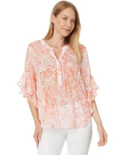 Vince Camuto Pintuck Flutter Sleeve Henley Blouse | Shirts & Tops
